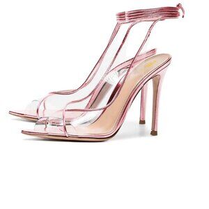 FSJ Pink Clear Peep Toe Cross PVC Band Stiletto High Heel Lace Up Slingback Shoe